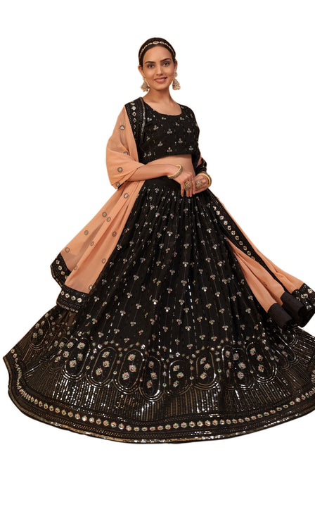 Black Night Beauty A-Line Embroidered Designer Lehenga Choli With Contrasting Dupatta SNT-70004