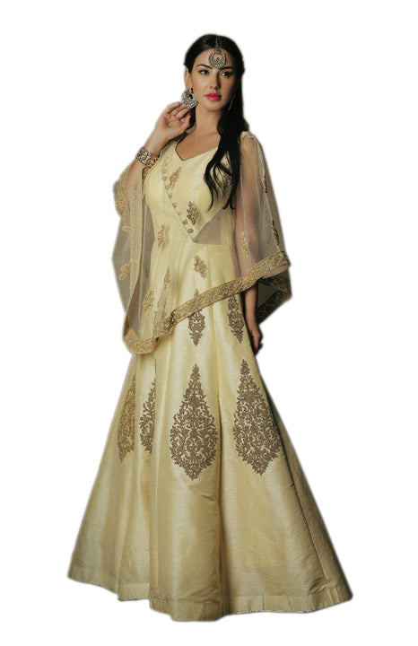 Elegant Champagne Gold Cape-Style Anarkali Gown