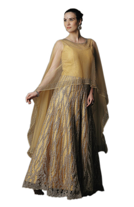 Romantic Gold Cape-Style Anarkali Gown