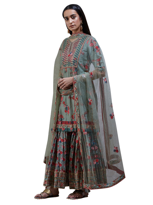Ritu Kumar Mint Green Floral Print Chanderi Suit Set