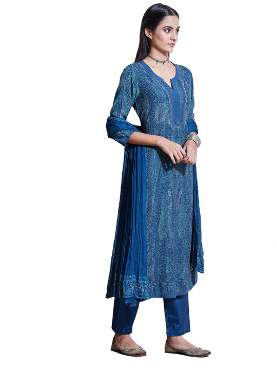 Ritu Kumar Blue & Aqua Jamawar Print Suit Set