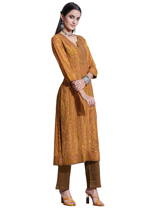 Ritu Kumar Mustard & Olive Green Jamawar Print Suit Set