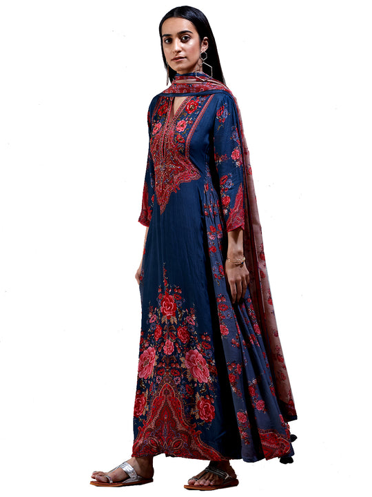 Ritu Kumar Greyish Blue & Red Printed Suit Set