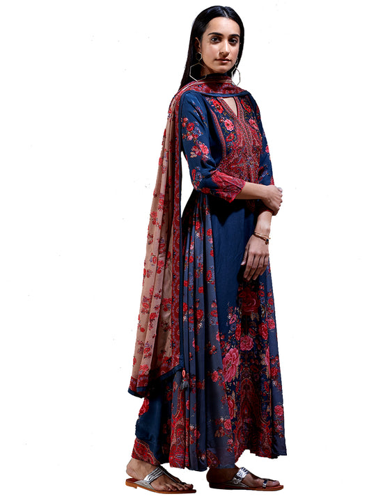 Ritu Kumar Greyish Blue & Red Printed Suit Set