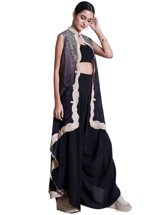 Ritu Kumar Beige & Black Embroidered Cape with Trouser