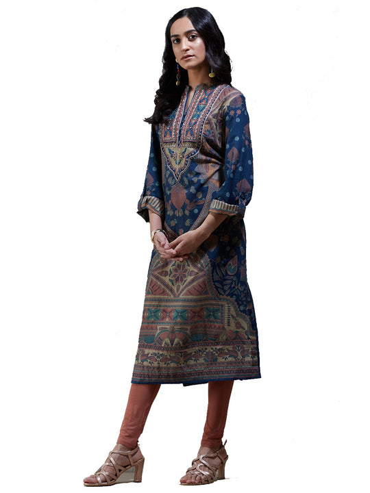 Ritu Kumar Navy Blue Embroidered Chanderi Suit Set