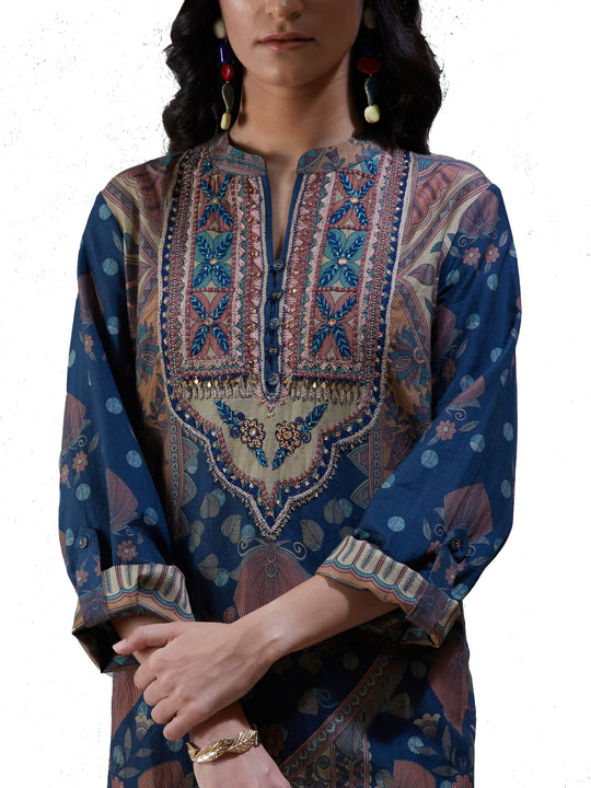 Ritu Kumar Navy Blue Embroidered Chanderi Suit Set