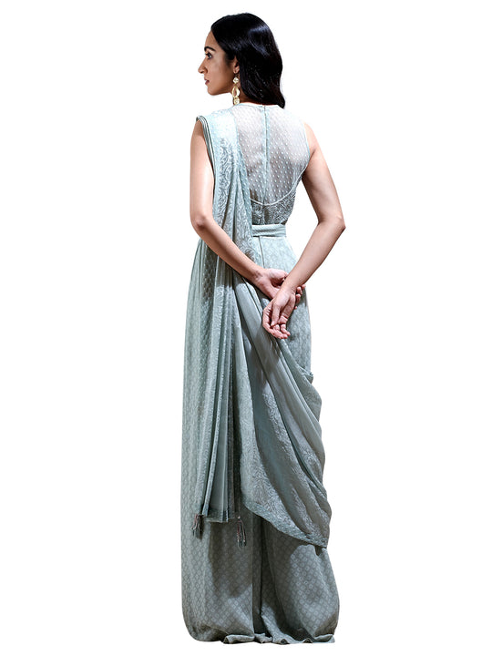 Sage Green Embroidered Pre-Draped Saree