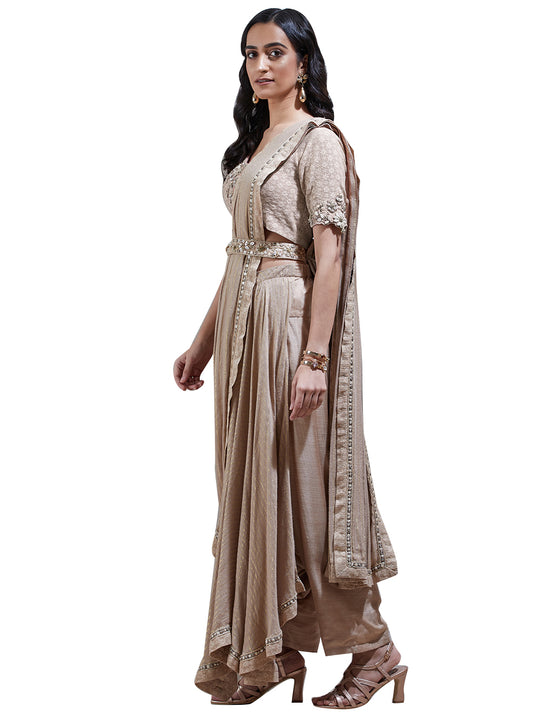 Ritu Kumar Beige Embroidered Pre-Draped Saree