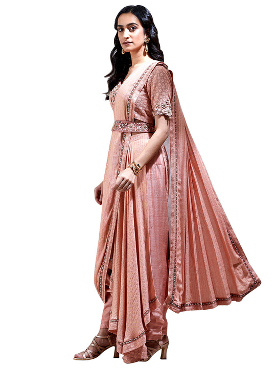 Ritu Kumar Peach Embroidered Pre-Draped Saree