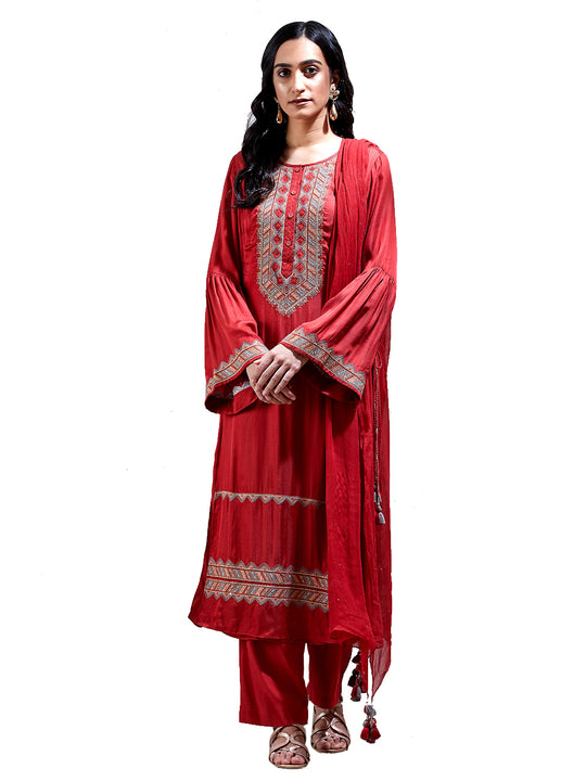 Rust Embroidered Kurta Set