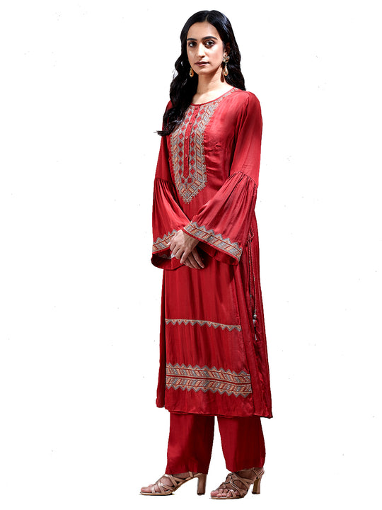 Rust Embroidered Kurta Set