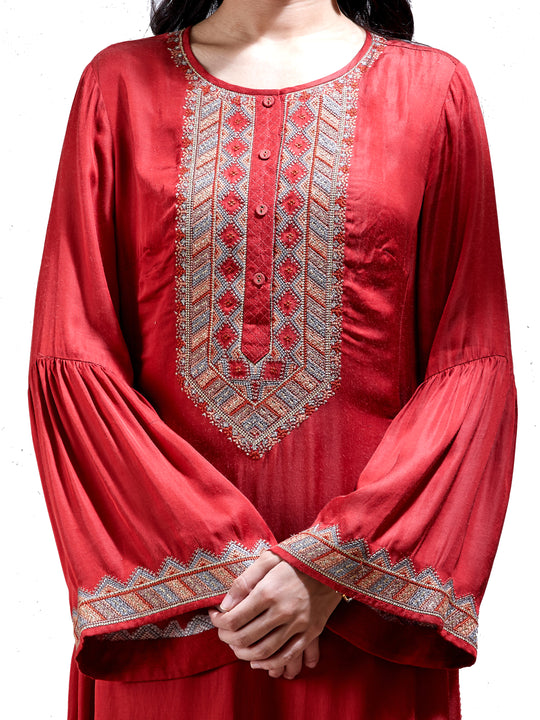 Rust Embroidered Kurta Set