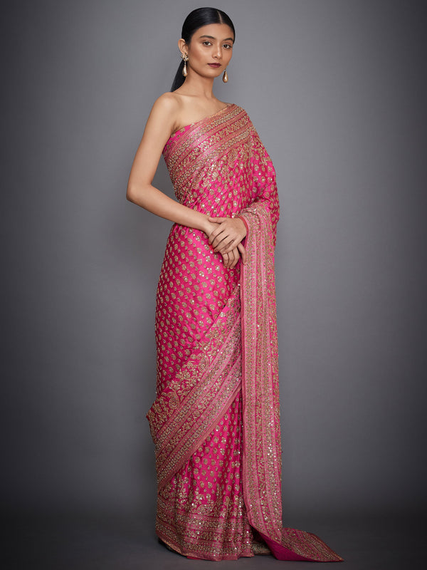 RI Ritu Kumar Fuchsia Embroidered Paisley Saree With Unstitched Blouse