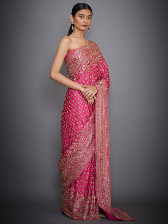 Fuchsia Embroidered Paisley Saree with unstiched blouse-Complete Look