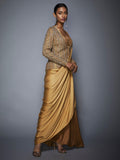 Heavily Embroidered  Gold High-Low Draped Saree-Side