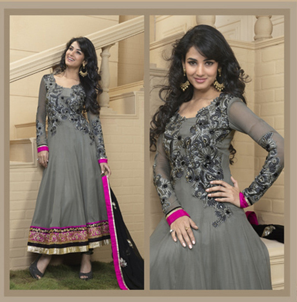 Lovely Grey Stylelok Georgette Semistitched Anarkali Salwar Kameez D. No. 4013 Saris and Things