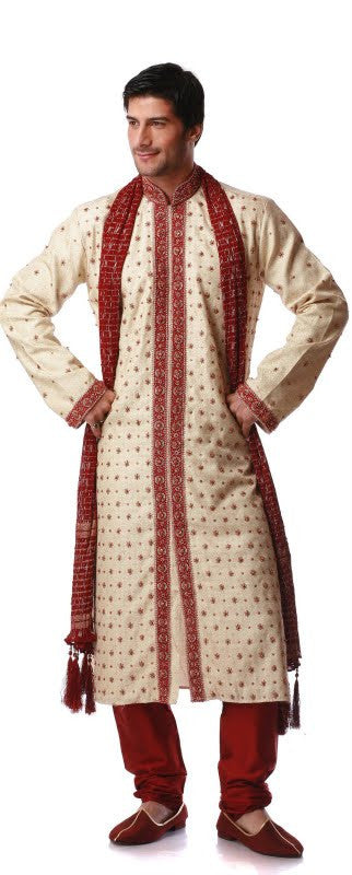 Royal Beige and Red Men's Sherwani Size 42 (Rent)