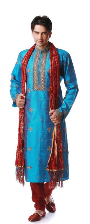 Royal Look Blue Green Embroidered Silk Kurta Size 42