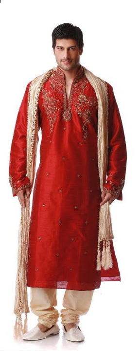 Royal Look Red Brocade And Silk Kurta Size 48