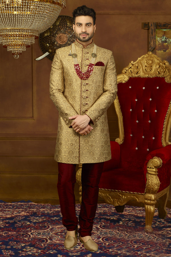 Extravagant Golden Indian Wedding Indo-Western Sherwani for Men -IW47798SNT