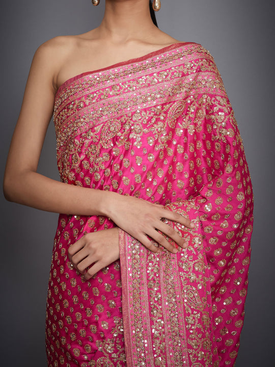 Fuchsia Embroidered Paisley Saree with unstiched blouse - CloseUp