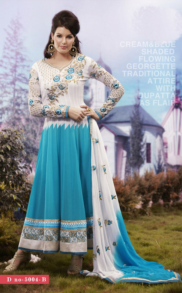 Blue, White and Off White Georgette Anarkali Salwar Kameez (D. No. 5004-B)