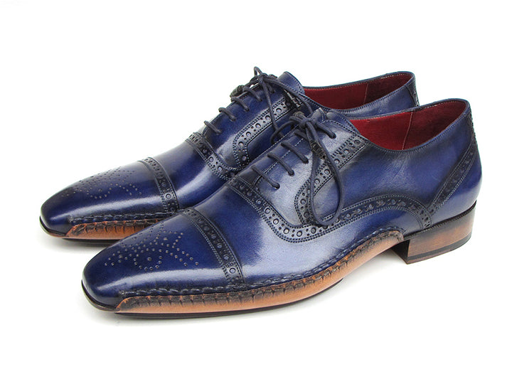 Paul Parkman Men's Captoe Navy Blue Hand Painted Oxfords Shoes (Id#5032) Size 7.5 D(M) US