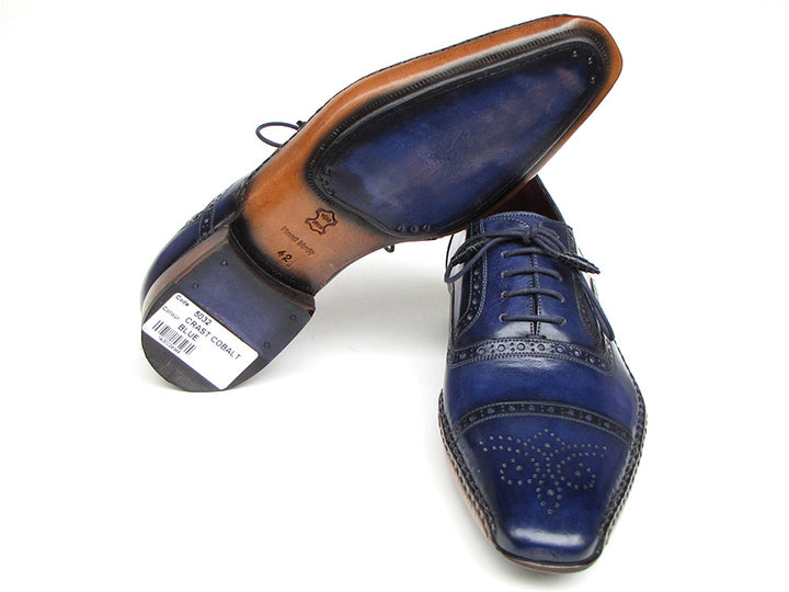 Paul Parkman Men's Captoe Navy Blue Hand Painted Oxfords Shoes (Id#5032) Size 9.5-10 D(M) US