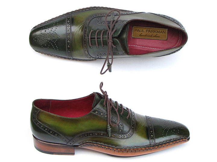 Paul Parkman Men's Side Handsewn Captoe Oxfords Green / Yellow Shoes (Id#5032) Size 7.5 D(M) Us
