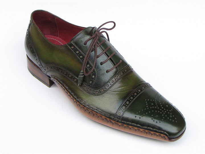Paul Parkman Men's Side Handsewn Captoe Oxfords Green / Yellow Shoes (Id#5032) Size 8-8.5 D(M) Us