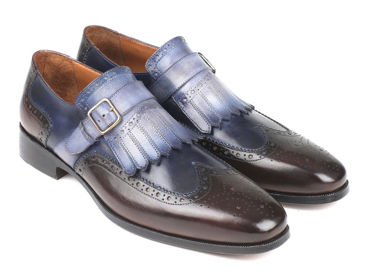 Paul Parkman Kiltie Monkstraps Blue & Brown Shoes (ID#52SL79) Size 6.5-7 D(M) US