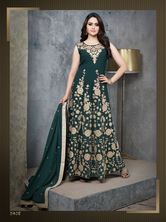 Hunter Green and Gold Embroidered Long Anarkali Gown