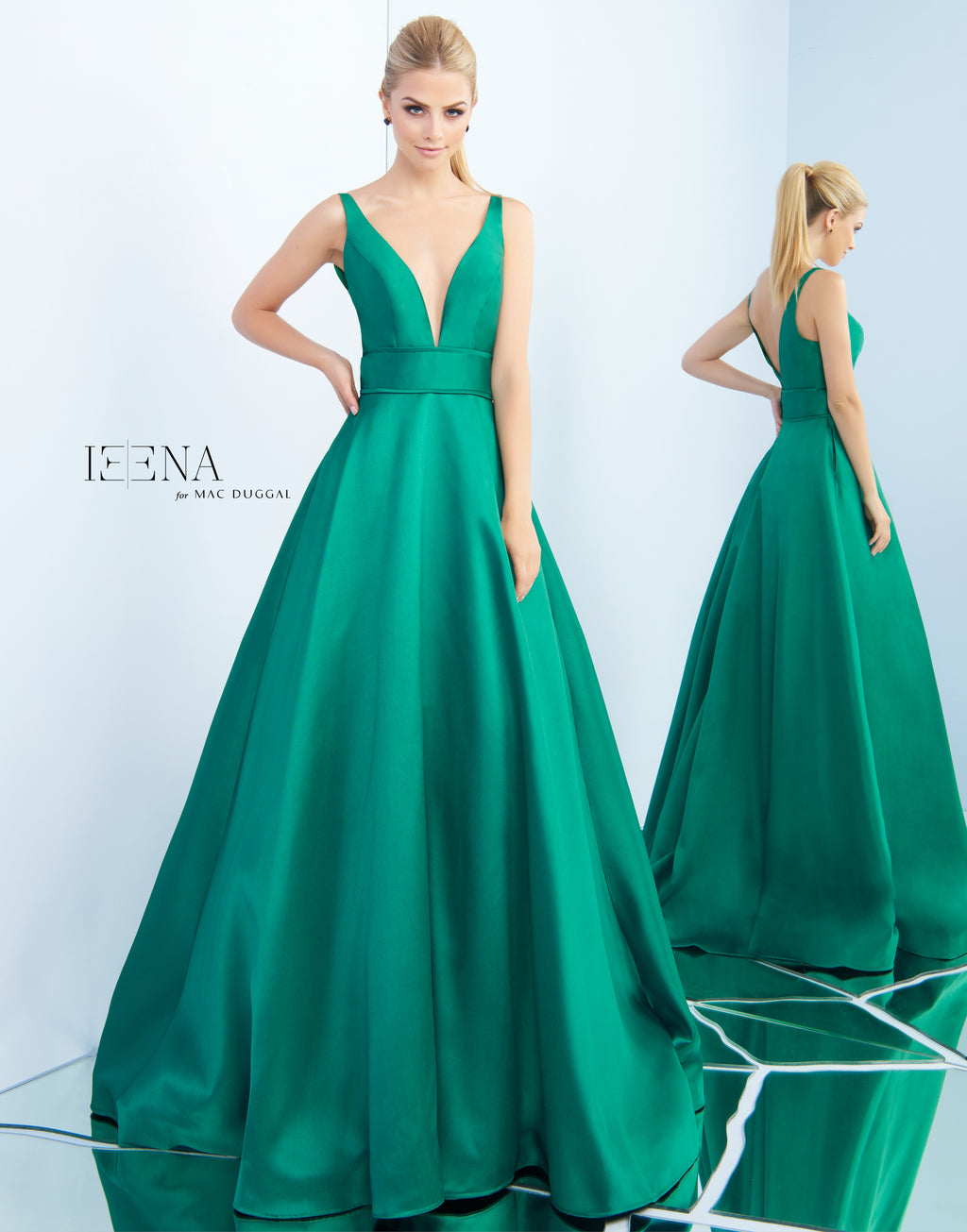 Mac Duggal Ieena Plunging Neckline Slip Emerald Green Ballgown