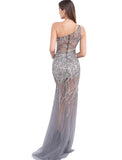 Jovani Gunmetal Beaded Fitted Sheer Prom Dress
