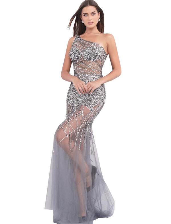 Jovani Gunmetal Beaded Fitted Sheer Prom Dress