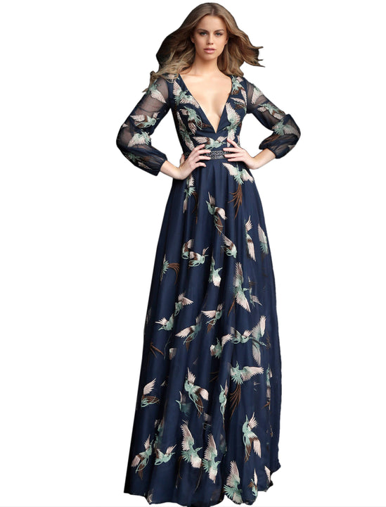 Jovani Navy Embroidered Long Sleeve V Neck Prom Gown Dress Saris and Things Jovani Navy Embroidered Long Sleeve V Neck Prom Gown Dress Saris and Things