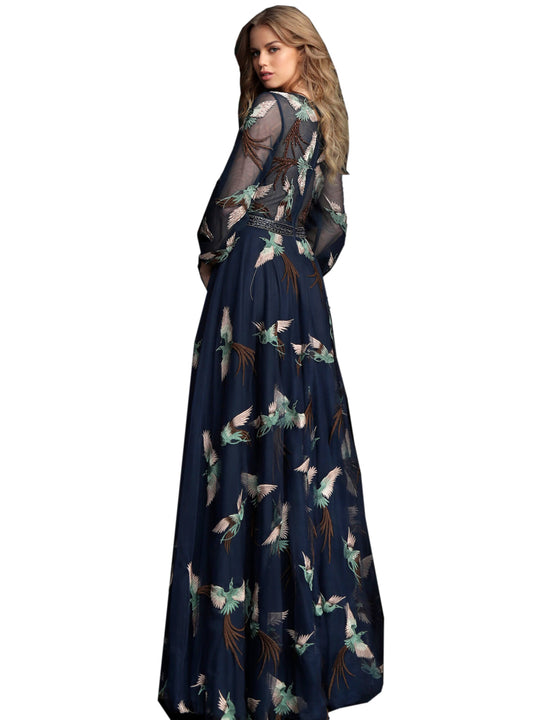 Jovani Navy Embroidered Long Sleeve V Neck Prom Gown