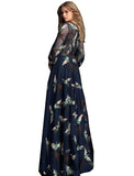 Jovani Navy Embroidered Long Sleeve V Neck Prom Gown Dress