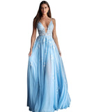 Jovani Light Blue Floral Embroidered Plunging Neckline Prom Dress