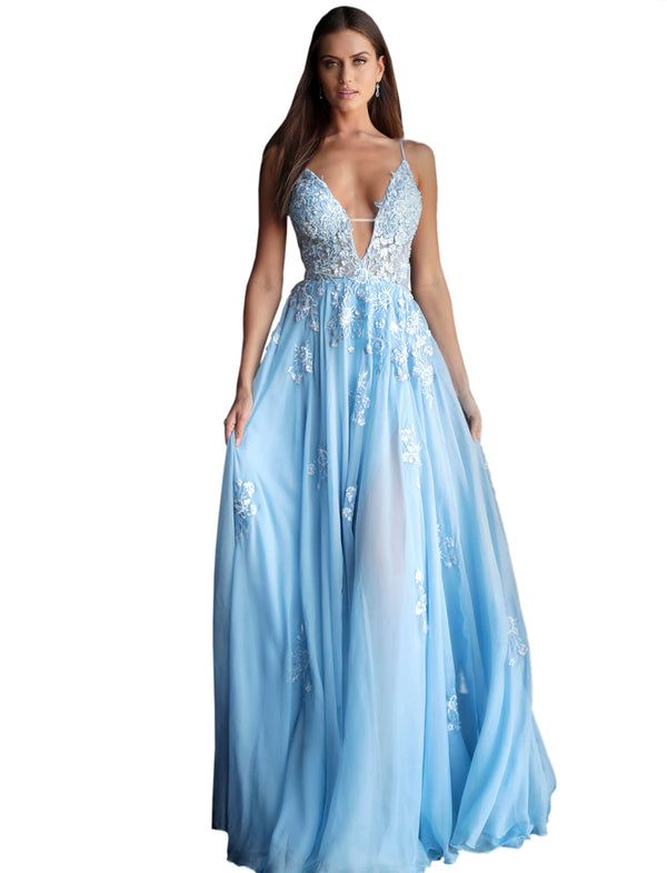 Jovani Light Blue Floral Embroidered Plunging Neckline Prom Dress