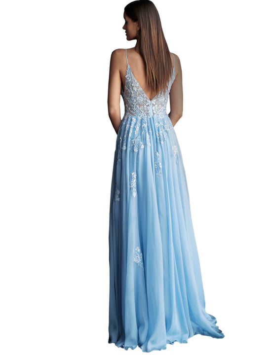 Jovani Light Blue Floral Embroidered Plunging Neckline Prom Dress