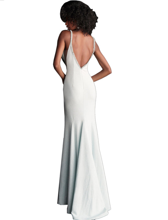 Jovani Aqua Plunging Embellished Neckline Glitter Prom Dress