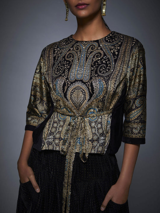 Grey & Black Jamawar Print Top With Dhoti pant -Closeup