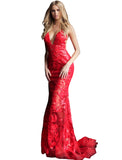 Jovani Red Plunging Neckline Embellished Prom Dress