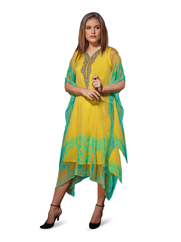 Electric Yellow And Green Kaftan Style Long Kurti