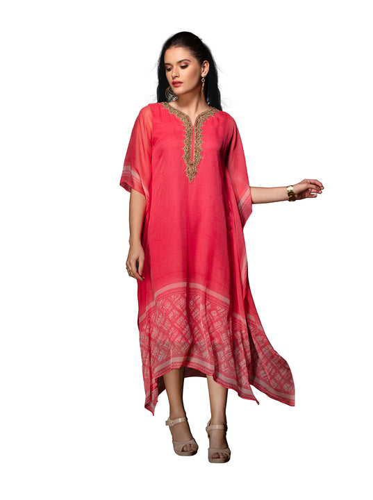 Modern Coral Red Kaftan Style Long Kurti Modern Coral Red Kaftan Style Long Kurti