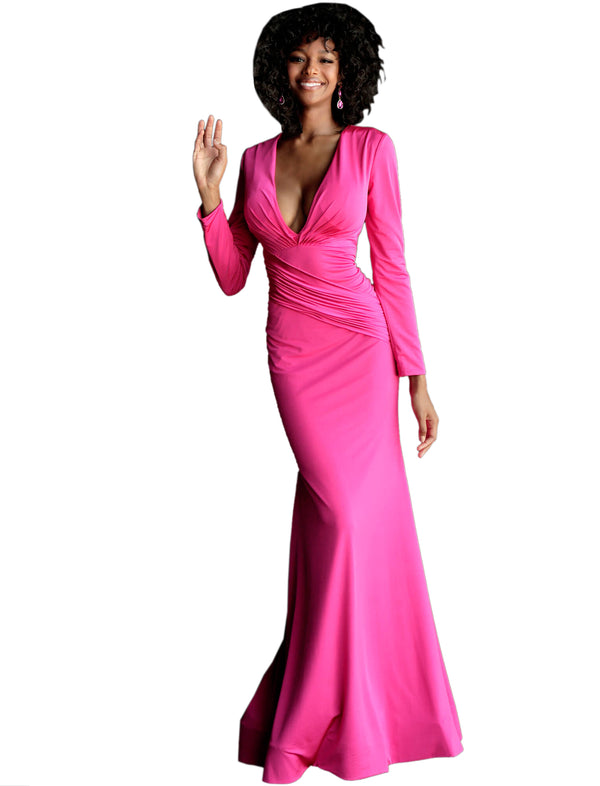Jovani Hot Pink Long Sleeve V Neck Prom Dress