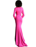 Jovani Hot Pink Long Sleeve V Neck Prom Dress
