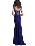 Jovani Navy Embellished V Neck Velvet Prom Dress